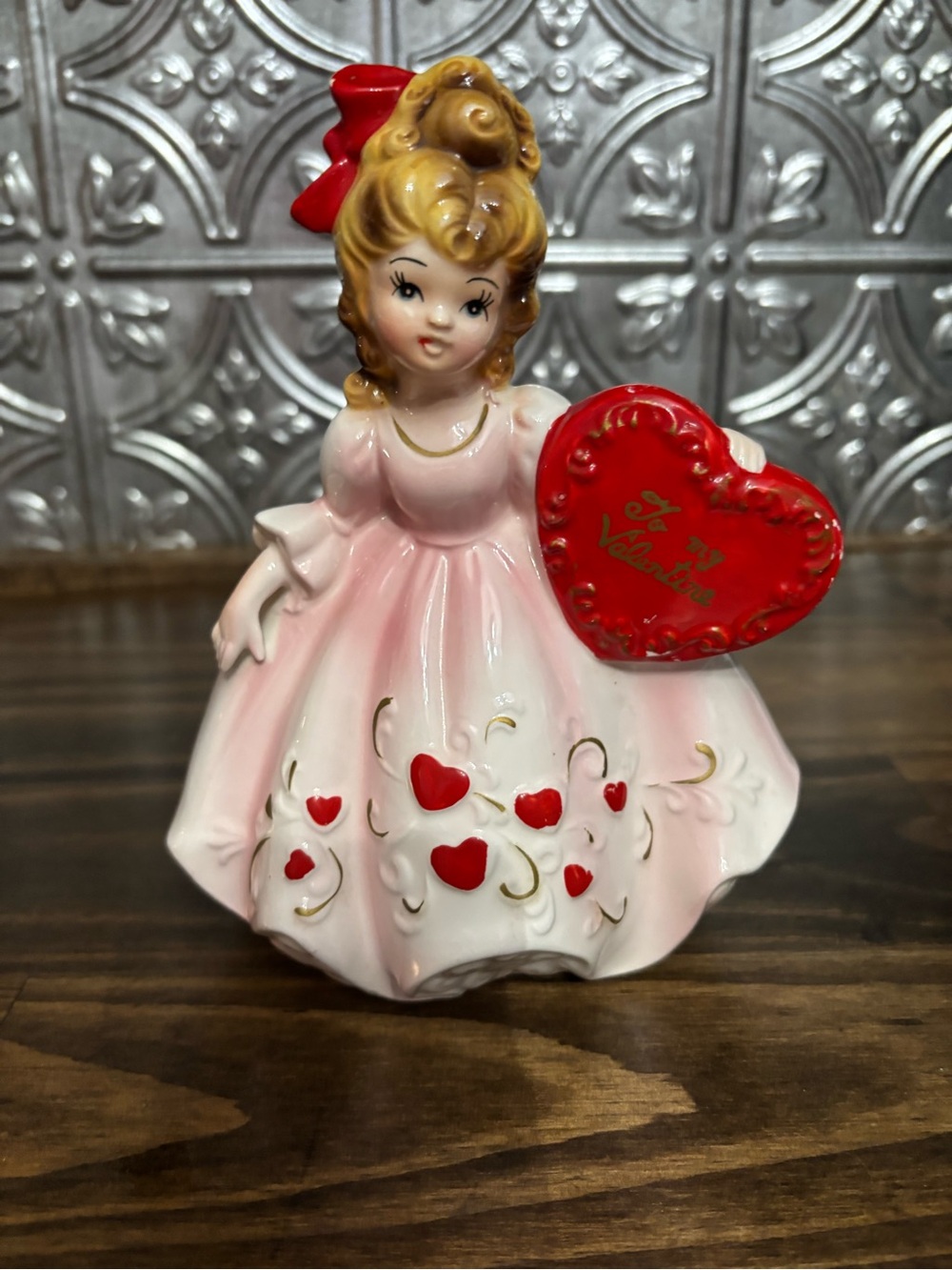Vintage  Relpo 1995 Pink Ceramic Valentine Girl Figurine with Red Heart.